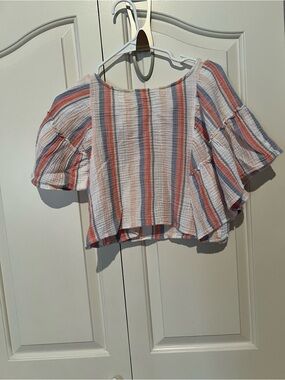 American Eagle Outfitters Striped Puff Sleeve Crop Top - White, Coral,